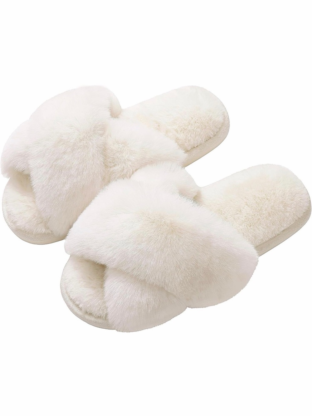 Plush Faux Fur Cross-Band Slide Slippers - White